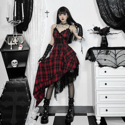 Women's Camisole Dark Irregular Stitching Hem Plaid Dresses