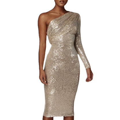 Women's Dress Diagonal Collar Fashionable Sequins Nightclub Dresses