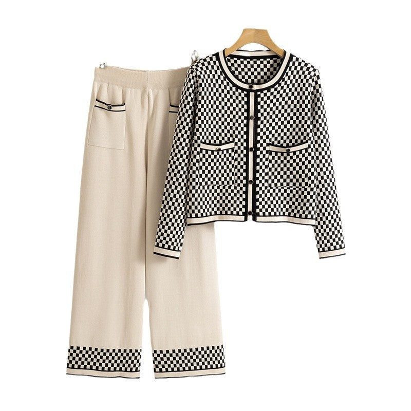 Women's Plaid Fashion Casual Knitted Two-piece Suits