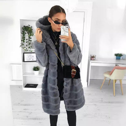 Women's Solid Color Plush Hooded Mid-length For Coats