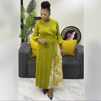 African Elegant Pleated Print Long Sleeve Suits