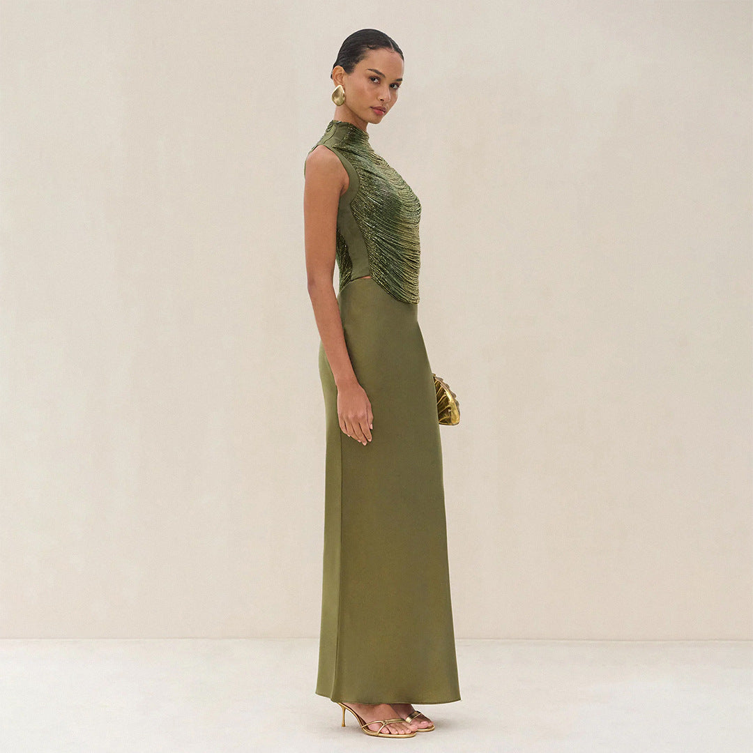 Women's Two-piece Summer Sleeveless Turtleneck Tassel Patchwork Suits
