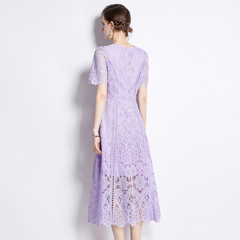 Women's Short-sleeved Lace Dress Mid-length Crocheted Hollowed Purple High Dresses