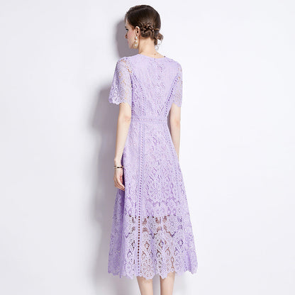 Women's Short-sleeved Lace Dress Mid-length Crocheted Hollowed Purple High Dresses