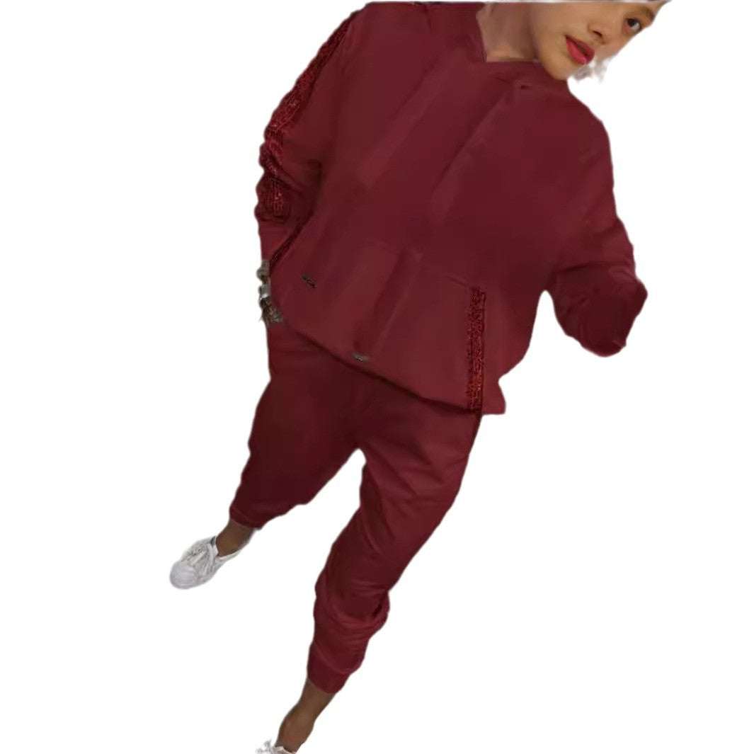 Women's Solid Color Sports Hoodie Stitching Sequin Suits