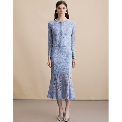 Diamond Round Neck Long Sleeve Crocheted Lace Dresses
