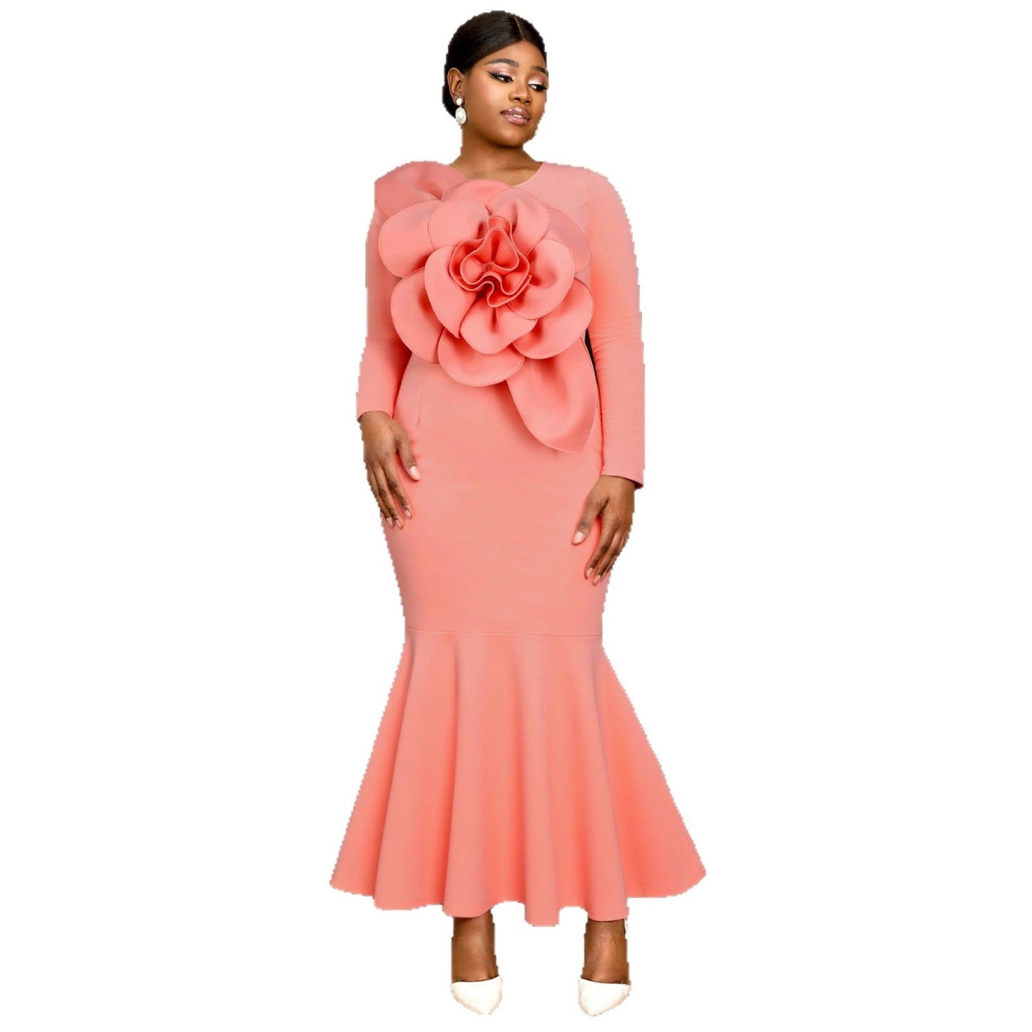 Women's Pink Three-dimensional Flower Long-sleeved Fishtail Dress Elegant Dresses