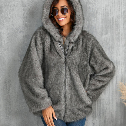 Fur Solid Color Loose Hooded Collar Coats