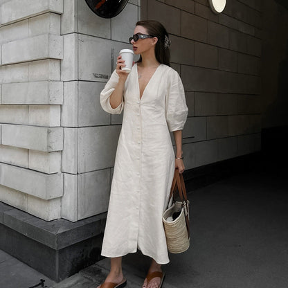 Women's Simple Casual Loose Cotton Linen Dress Autumn Puff Sleeve Dresses