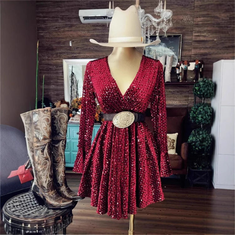 Women's Sequined Flared Sleeves Dress With Lining Dresses