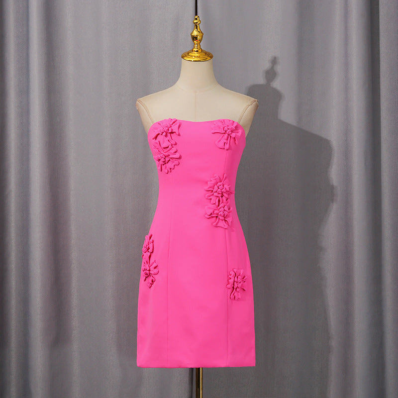 Women's Style Rose Pink Tube Three-dimensional Flower Decoration Summer Fashion Dresses