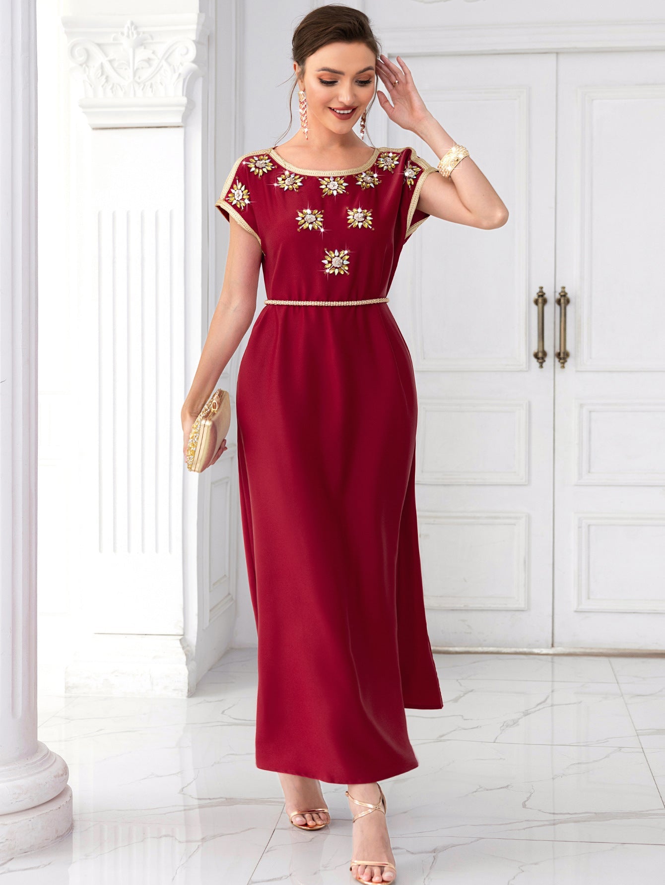 Wine Red Waal Satin Diamond Sleeve Dresses