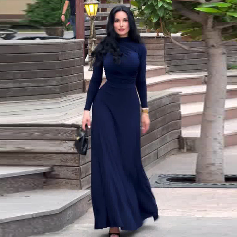 Women's Long Sleeves Slim Fit Dark Blue Dresses