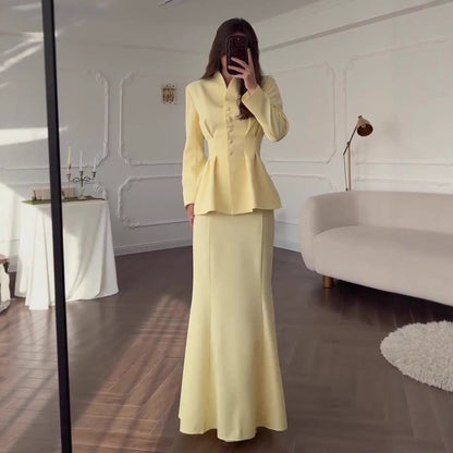 Women's Solid Color Long-sleeved Long Dress Graceful Suits