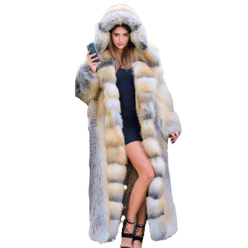 Women's Long Hooded Stitching Faux Fur Autumn Coats