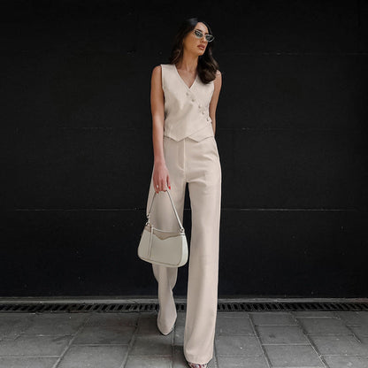 Women's Cotton Linen Khaki Two-piece Autumn Casual Suits