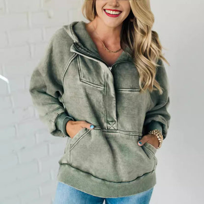Women's Ladies Half Zipper Wash Hoodie Sweatshirt Sweaters