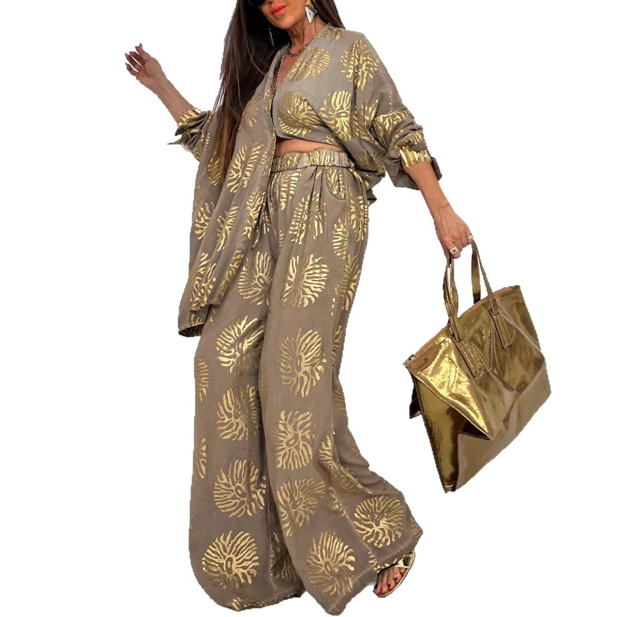 Women's Lapel Print Gilding Loose Casual Long Suits