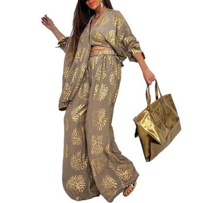 Women's Lapel Print Gilding Loose Casual Long Suits