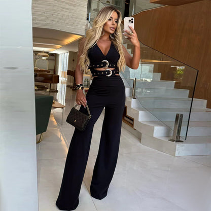 Women's Fashion Wear Decorative Buckle Belt Trousers Tops