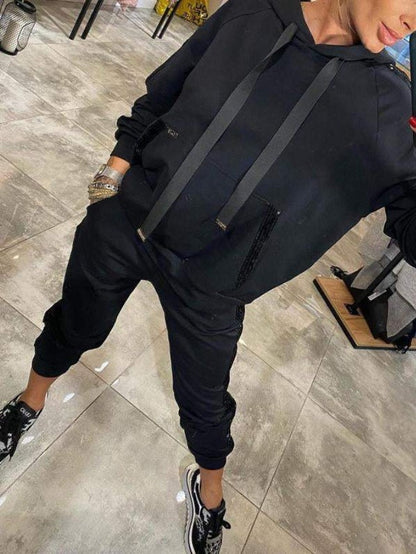 Women's Solid Color Sports Hoodie Stitching Sequin Suits