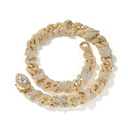 Hip-hop zircon-encrusted sun, star and eye necklace