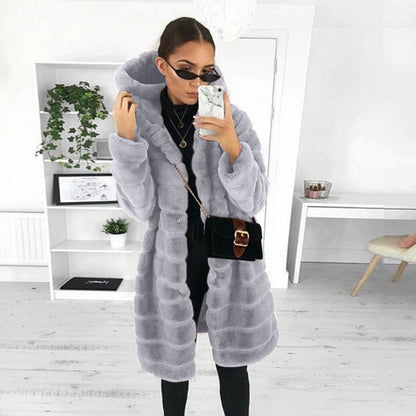 Women's Solid Color Plush Hooded Mid-length For Coats