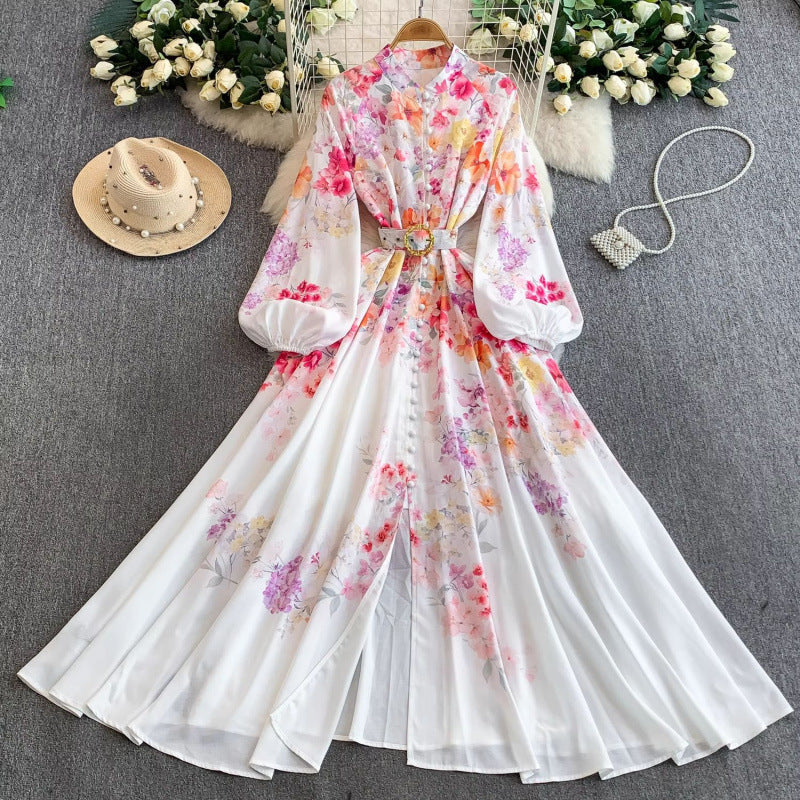 Women's Lantern Long Sleeve Single-breasted Printed Dress Dresses