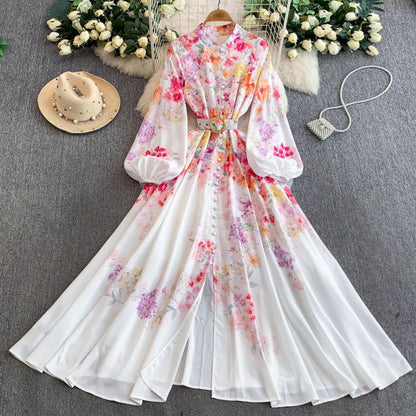 Women's Lantern Long Sleeve Single-breasted Printed Dress Dresses
