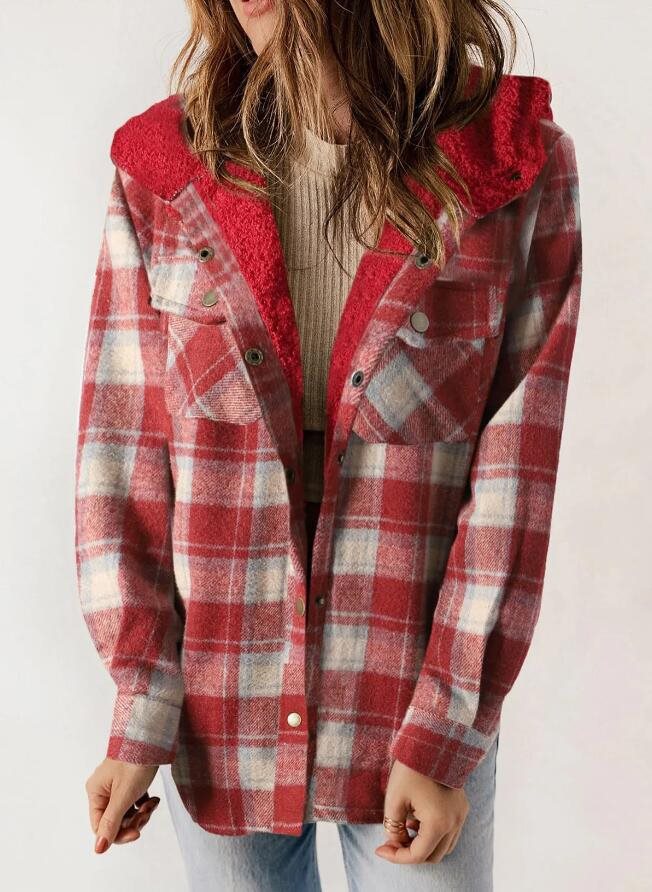 Women's Plaid Long Sleeve Furry Hooded With Jackets