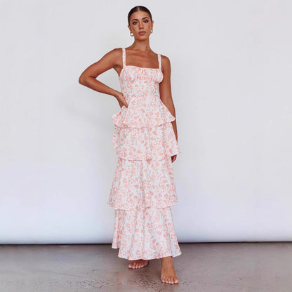 Women's Waist Trimming Spaghetti Straps Printed Long Dresses