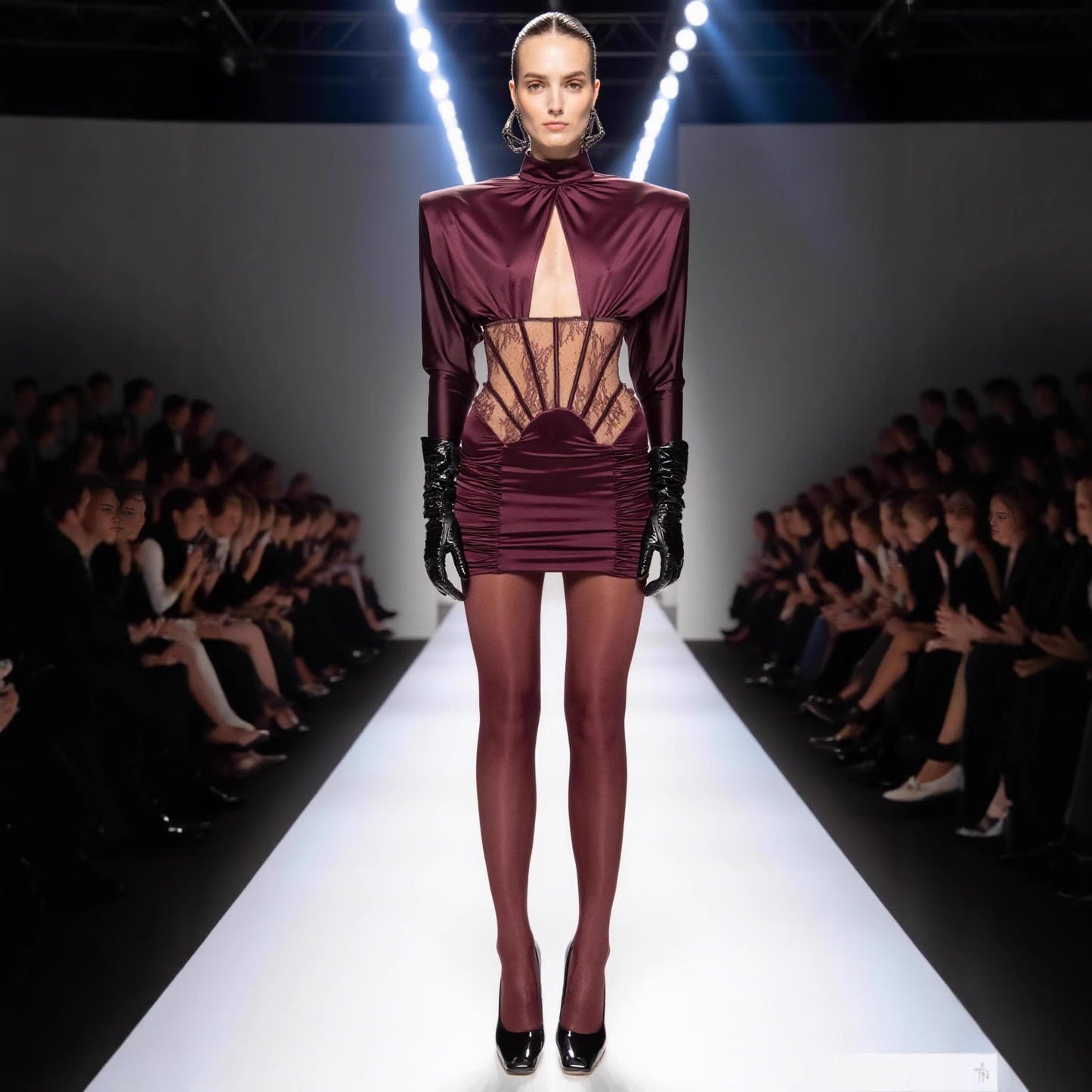 Pure Desire Lace Fishbone Hollow Long Sleeve Pleated Dresses