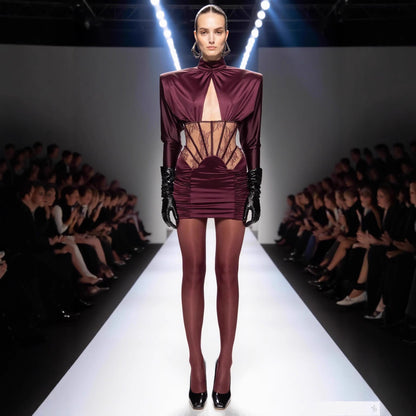 Pure Desire Lace Fishbone Hollow Long Sleeve Pleated Dresses