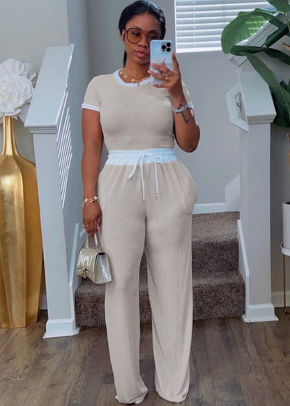 Women's Casual Daily Rib Contrast Color Round Neck Suits
