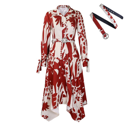Women's Summer Fashion Temperament Printed Lapel Long Sleeve Skirts