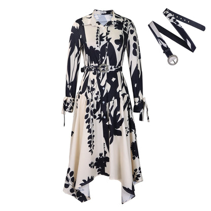 Women's Summer Fashion Temperament Printed Lapel Long Sleeve Skirts