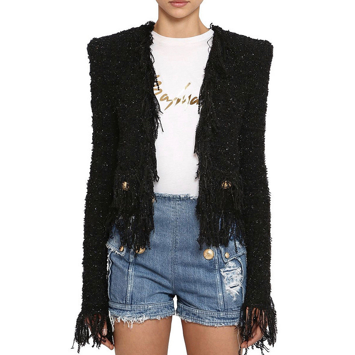 Women's Bright Silk Tweed Fringe Pocket Fastener Coats