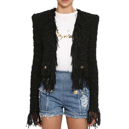 Women's Bright Silk Tweed Fringe Pocket Fastener Coats