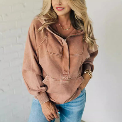 Women's Ladies Half Zipper Wash Hoodie Sweatshirt Sweaters