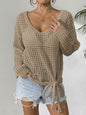 Women V neck Top Hollow Out Cutout-out Sun Protective Blouse Lace up Bow Long Sleeve Pullover Shirt Idle Loose Sweater