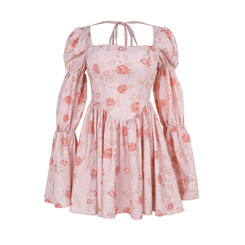 Women's Slim Rose Printed Long Sleeve A- Dresses