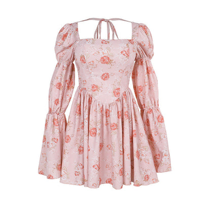 Women's Slim Rose Printed Long Sleeve A- Dresses