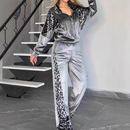 Women's Leopard Veet Casual Fashion Sports Set Suits