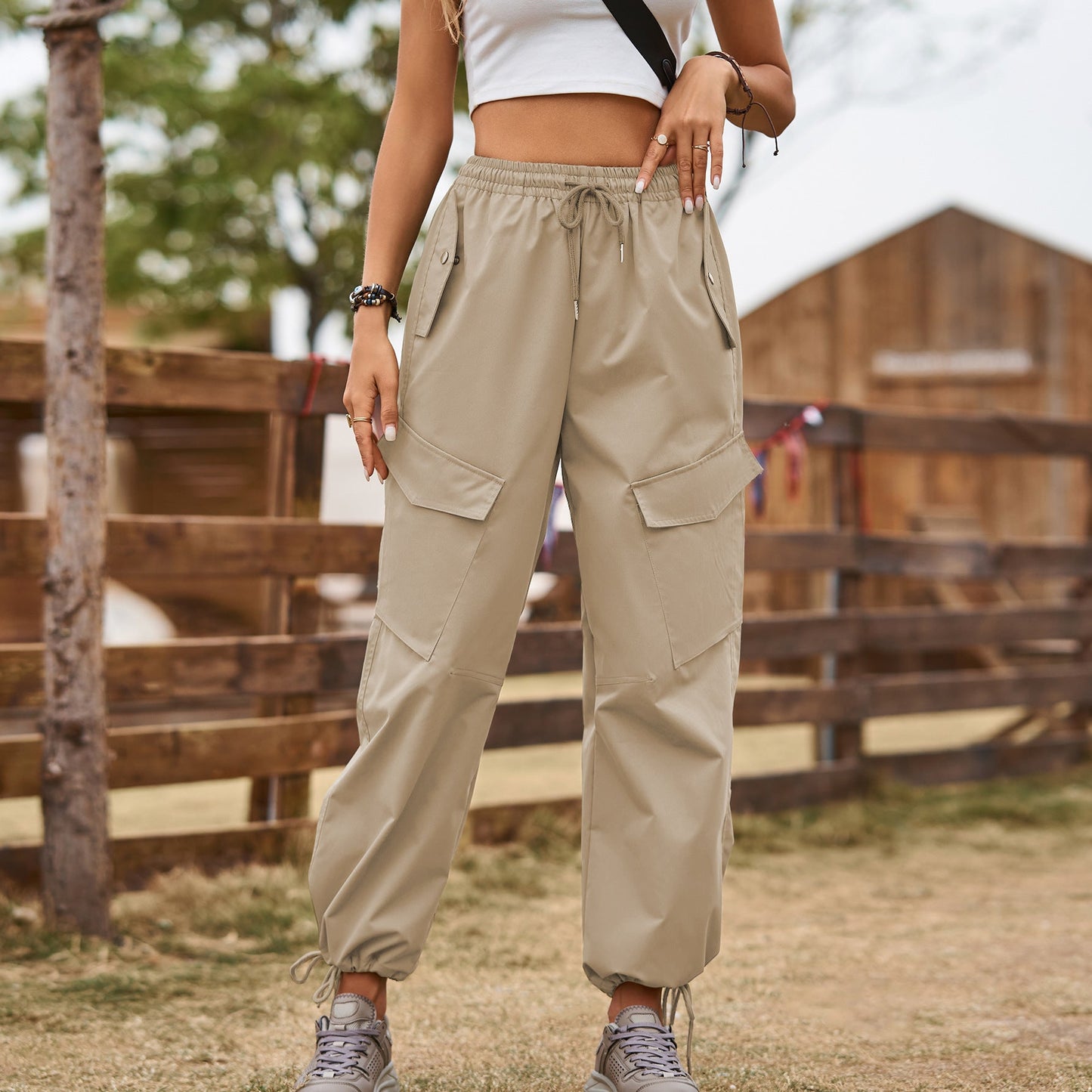 American Street Loose Drawstring Elastic Waist Overalls Pants