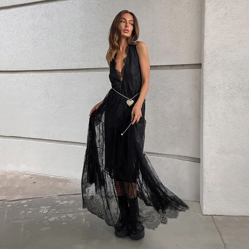 Women's Sexy Black Brocade Lace Temperament Dress Dresses