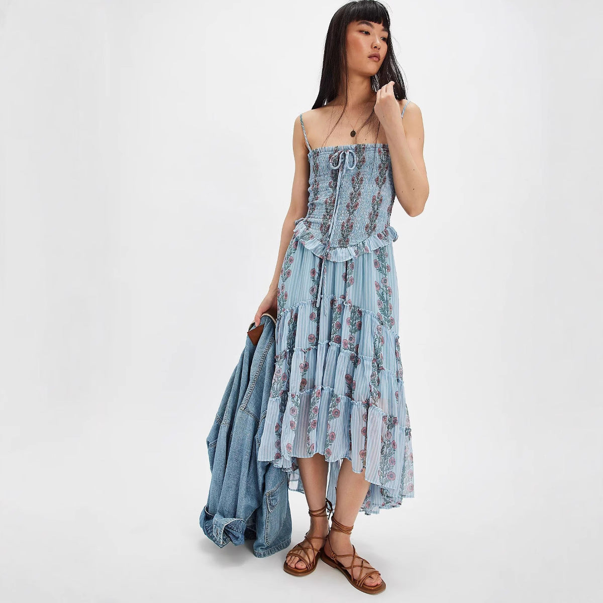 Printed Sling Vacation Style Stitching Irregular Dresses