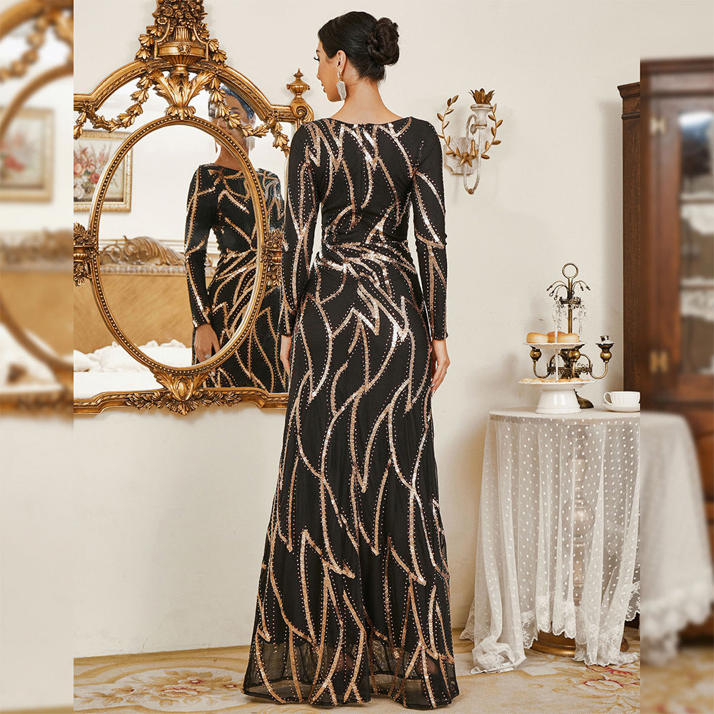Women's Temperament Long Sleeve Round Neck Sexy Sequined Dresses