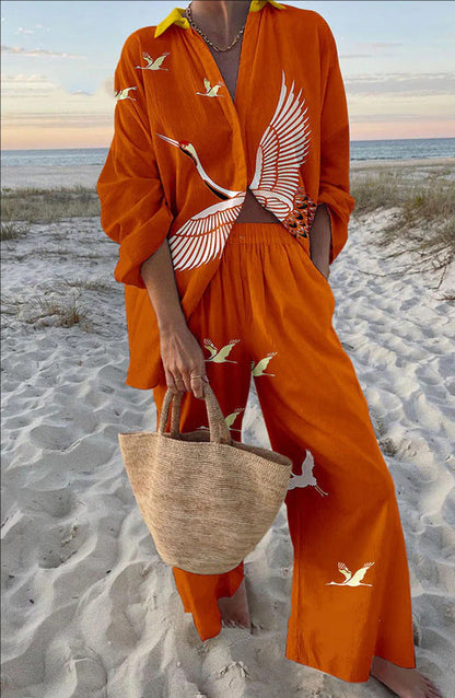 Women's Digital Flower Hawaiian Vacation Style Shirt Suits