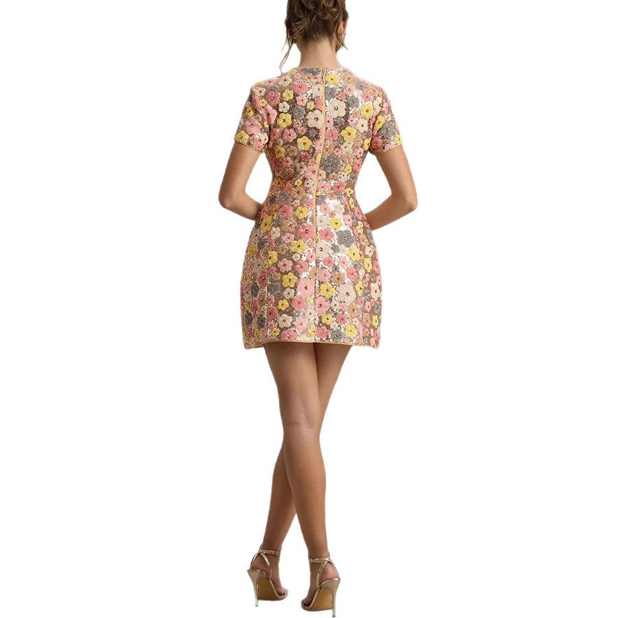 Women's Sleeve Sequined Round Neck Dress Casual Shorts