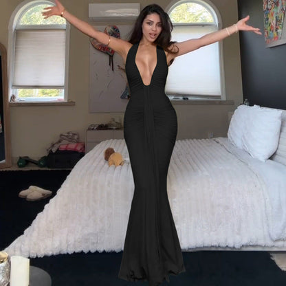 Women's Cutout Backless Slim Fit Pleated Stitching Dresses